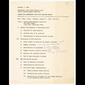 Agenda for conference with fair housing groups held January 7, 1964