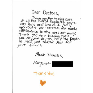 Letter of thanks sent to the doctors of Boston by California Children