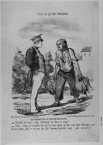 RESTAURATEUR AU BOIS DE BOULOGNE. - Diable!.. on vous a donc commandé un dîner de noces! - Non... mais j'ai entendu dire qu'il y avait comme ça deux trois duels d'arrangés pour demain matin; alors, je me suis dis: v'la le moment de plumer cinq six canards!
