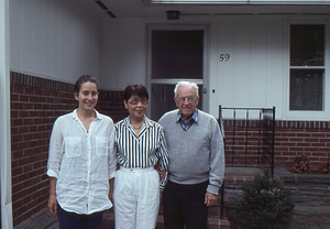 Murlyn Bennett Dickerman Oral History. 3. Left to right: Amy K. Smith (Class of 1997), Mei Hsi Lin (Mei Hsi Shiue) Dickerman (spouse of M.B.D.), Murlyn Bennett Dickerman, photo taken in front of Dickerman residence 59 Lake Street, Cooperstown, NY.