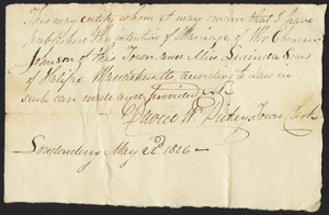 Marriage Intention of Ebenezer Johnson and Lucinda Sears, 1826