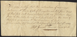 Marriage Intention of Isaac Cook of Kingston, Massachusetts and Jane Drew, 1802