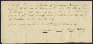 Marriage Intention of Cephus Washburn of Bridgewater, Massachusetts and Mercy Parris, 1826