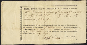 Marriage Intention of Ebenezer T. Soule of Dorchester, Massachusetts and Mary M. Thomson, 1828