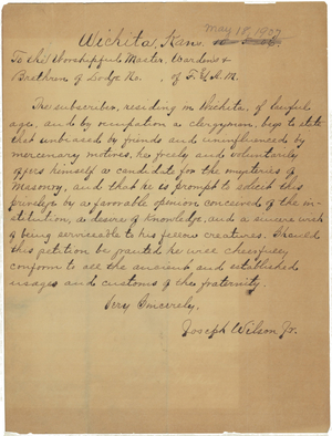 Handwritten petition from Joseph Wilson, Jr., to Arkansas Valley Lodge, No. 21, 1907 May 18