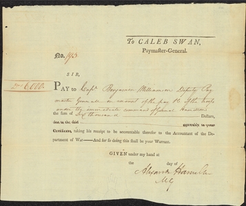 Order to pay troops under Hamilton's command, 1799-1800