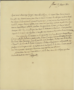 Letter from the Marquis de Lafayette to Frédéric Gaëtan, marquis de La Rochefoucauld-Liancourt, 1830 January 27