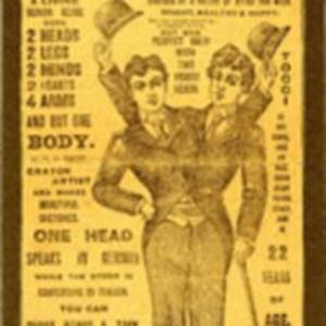 Mounted newspaper clipping from Boston Herald announcing "The Living 2 Headed Boy" at Austin and Stone's Museum, January 1892.