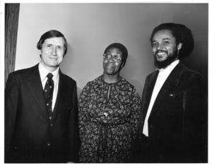Gwendolyn Brooks, Edward Clark, and Byron Rushing during Brooks' visit to Suffolk University to give a poetry reading and lecture, 27 October 1977