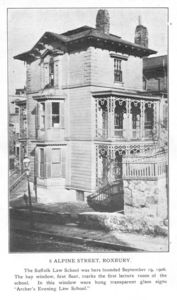 Exterior view of Suffolk University founder Gleason L. Archer Roxbury apartment at Six Alpine Street where he held the first law school classes.
