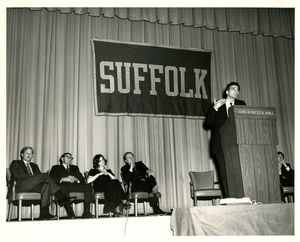 Ralph Nader speaking at a Suffolk University event