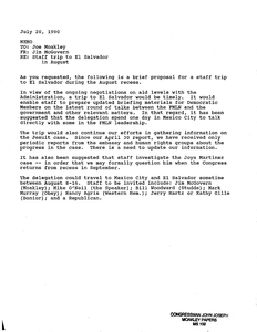 Memorandum to John Joseph Moakley from James P. McGovern regarding staff trip to El Salvador in August 1990, 20 July 1990