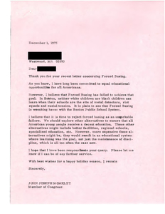 Correspondence between John Joseph Moakley and a Westwood constituent regarding concerns about busing, October-November 1975