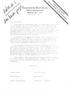 Two Dear Colleague letters regarding an end to U.S. military involvement in El Salvador and co-sponsorship of H.J. Res. 426. Also includes a New York Times article by Tommie Sue Montgomery.