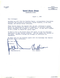 Dear Colleague letter and briefing info from Congressman John Porter and Senator Paul Simon about the case of Soviet dissident Zachar Zunshine