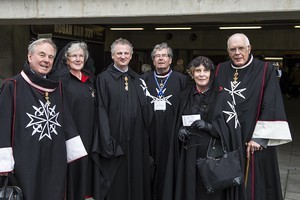 Group of six members of the Knights of Malta (Knights Hospitallers of the Sovereign Order of St John of Jerusalem) at the 2012 50th Eucharistic Congress, Final Day Ceremony, 17th June, at Croke Park GAA Stadium, Dublin 