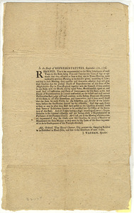 In the House of Representatives, September 17th, 1776 : Resolved, That it be recommended to the male Inhabitants of each Town in this State, being Free and Twenty-one Years of Age or upwards, that they assemble as soon as they can in town-Meeting...