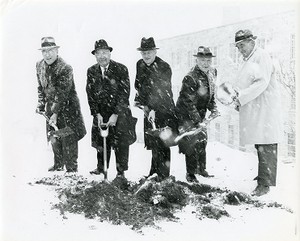 Higgins Hall exterior: groundbreaking with Michael P. Walsh, Stephen P. Mugar, and John P. Higgins