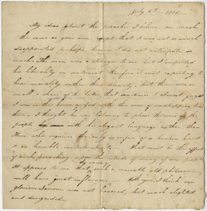 Orra White Hitchcock letter to unidentified recipient, 1816 July 6