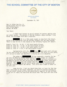 Correspondence between Jean Sullivan McKeigue, Vice President of the Boston School Committee, and Judge W. Arthur Garrity, 1981 September-October