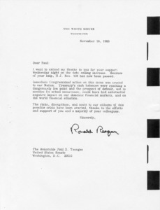 Letter to Paul Tsongas from President Ronald Reagan