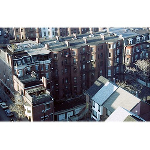Bird's-eye view of South End row houses and Villa Victoria houses.