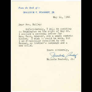 Letter from Malcolm Peabody, Jr. to Mrs. Bailey about Melnea Cass testimonial