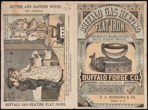 Trade card, Buffalo Gas Heating Flat Iron for families, tailors, hatters, dress & cloak makers, E.A. Burrows & Co., Troy, New York