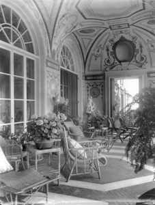 Interior view of the William Stuart Spaulding House, porch, Sunset Rock, Prides Crossing, Beverly, Mass., undated