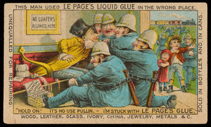 Trade card for Le Page's Liquid Glue, manufactured by the Russia Cement Co., Gloucester, Mass., 1880s