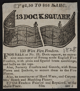 Advertisement for wire fire fenders, 13 Dock Square, Boston, Mass., November 3, 1828