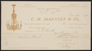 Billhead for C.H. McKenney & Co., gas chandeliers and electroliers, oil chandeliers and lamp goods, Boston, Mass., dated December 24, 1889
