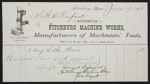 Billhead for the Fitchburg Machine Works, manufacturers of machinists' tools, Nos. 13 to 21 Main Street, Fitchburg, Mass., dated June 19, 1884