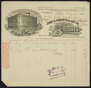 Billhead for John L. Whiting & Son Co., brushes, corner High & Purchase Streets, Boston, Mass., dated August 12, 1903