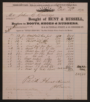 Billhead for Hunt & Russell, boots, shoes & rubbers, 22 & 24 Federal Street, & 101 Congress Street, Boston, Mass., dated October 19, 1872