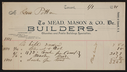 Billhead for Mead, Mason & Co., Dr., builders, 47 Center Street, Concord, New Hampshire, dated January 1, 1891