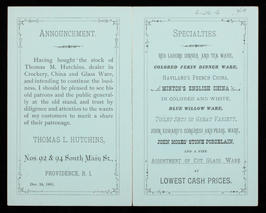 Trade card, Thomas L. Hutchins, glassware, china, Nos. 92 & 94 South Main Street, Providence, Rhode Island