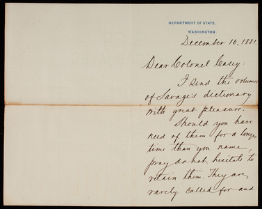 Theodore F. Dwight to Thomas Lincoln Casey, December 10, 1881
