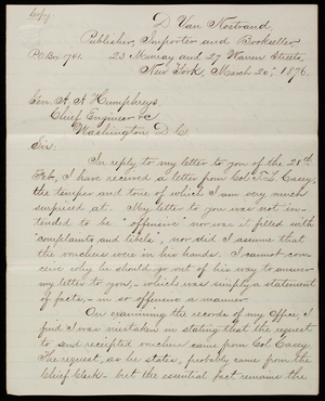 D. Van Nostrand to General A. A. Humphreys, March 20, 1876, copy