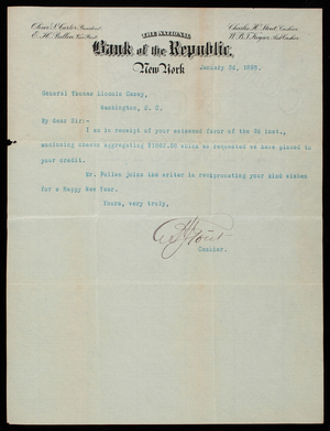 [Charles] H. Stout/National Bank of the Republic to Thomas Lincoln Casey, January 3, 1895