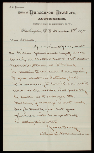 [Charles] C. Duncanson to Thomas Lincoln Casey, December 8, 1879
