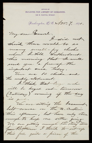 [Bernard R.] Green to Thomas Lincoln Casey, November 7, 1890