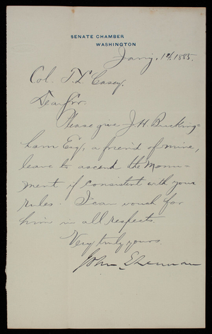 Senator John Sherman to Thomas Lincoln Casey, January 14, 1885
