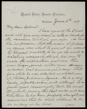 Senator [George H.] Edmunds to Thomas Lincoln Casey, June 3, 1879