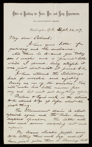 Bernard R. Green to Thomas Lincoln Casey, September 22, 1887
