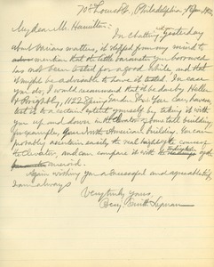 Letter from Benjamin Smith Lyman to Hugh de Coursey Hamilton