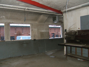 Interior view: work bench and view out windows toward Mullins Center