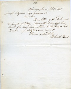 Letter from John Ireland Howe to Joseph Lyman