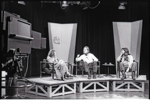 Commune members at the WGBY Catch 44 (public access television)interview: Anne Baker, James Baker, and Bruce Geisler on stage