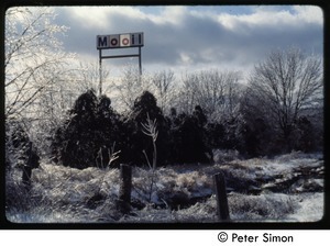 Mooil [Mobil] gas station sign after an ice storm